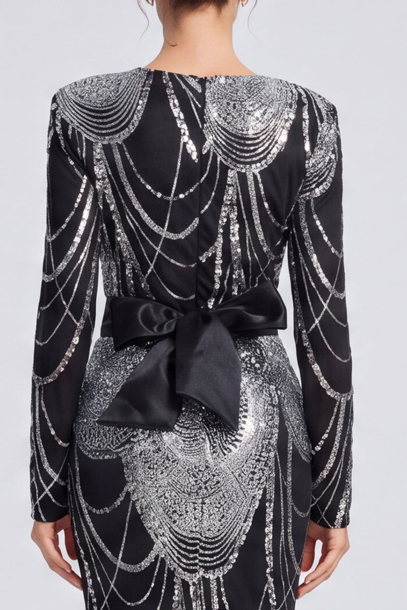 Laden Sie das Bild in den Galerie-Viewer, Glitzerndes Schwarzes Pailletten Meerjungfrauen Langes Festkleid mit Schleife