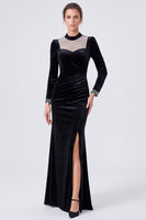 Laden Sie das Bild in den Galerie-Viewer, Schwarzes Perlen-Meerjungfrauen-Rundhals-Lange Samtkleid mit Schlitz