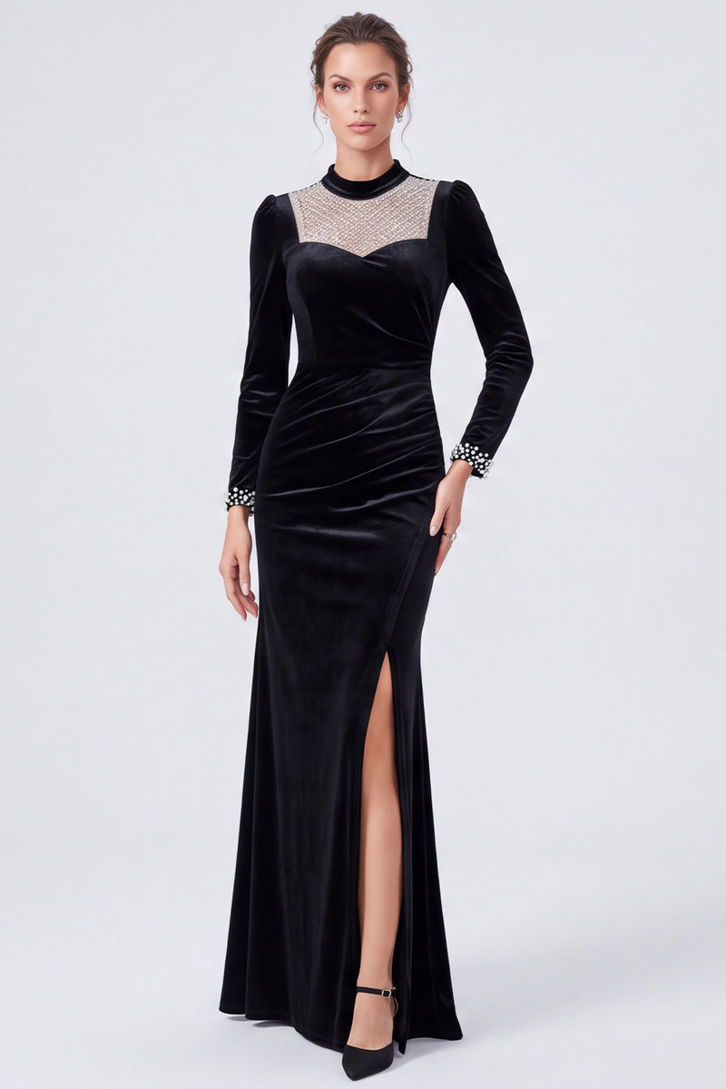 Laden Sie das Bild in den Galerie-Viewer, Schwarzes Perlen-Meerjungfrauen-Rundhals-Lange Samtkleid mit Schlitz