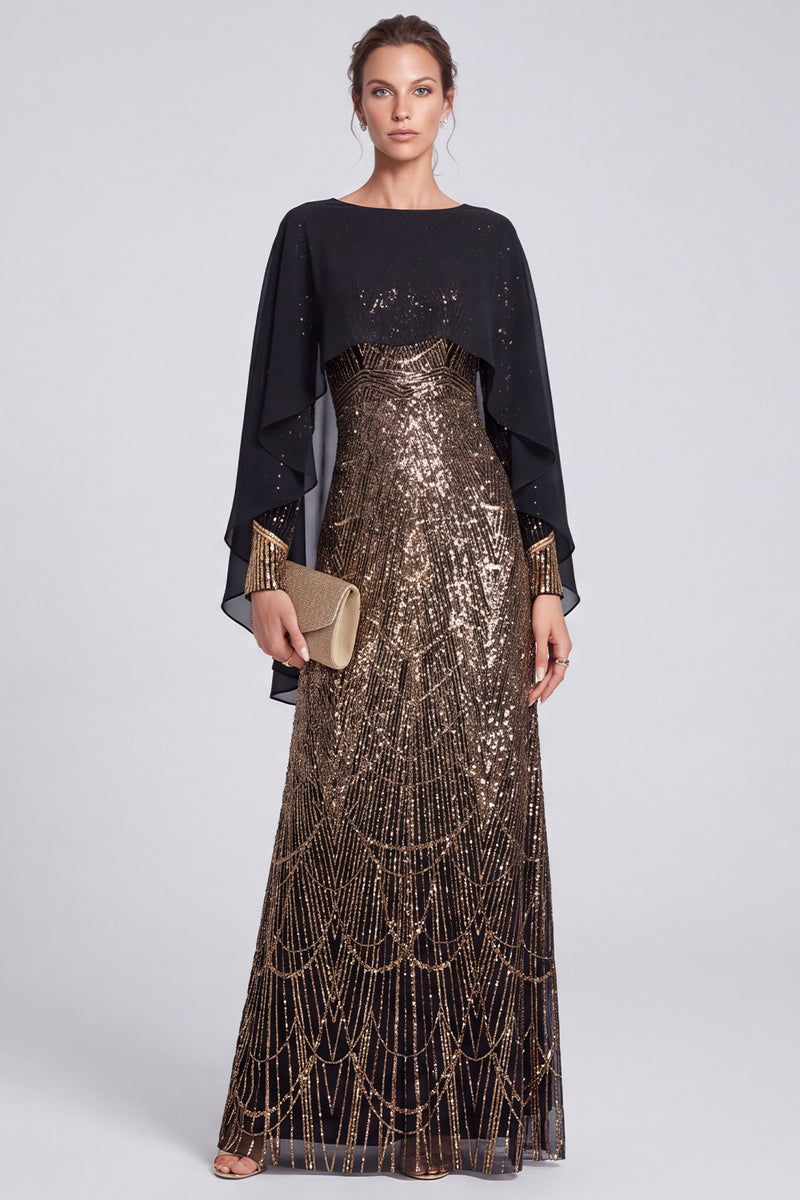 Laden Sie das Bild in den Galerie-Viewer, Glitzerndes schwarzes Pailletten-Bateau-Ausschnitt langes Festkleid mit Umhang