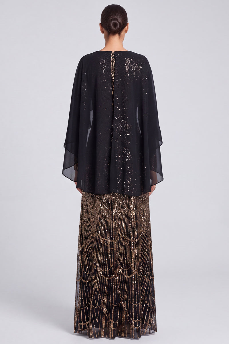 Laden Sie das Bild in den Galerie-Viewer, Glitzerndes schwarzes Pailletten-Bateau-Ausschnitt langes Festkleid mit Umhang