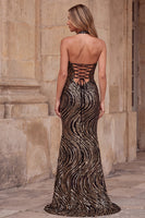 Laden Sie das Bild in den Galerie-Viewer, Halter V-Ausschnitt Schwarzes Pailletten Sheath Langes Ballkleid mit hohem Seitenschlitz