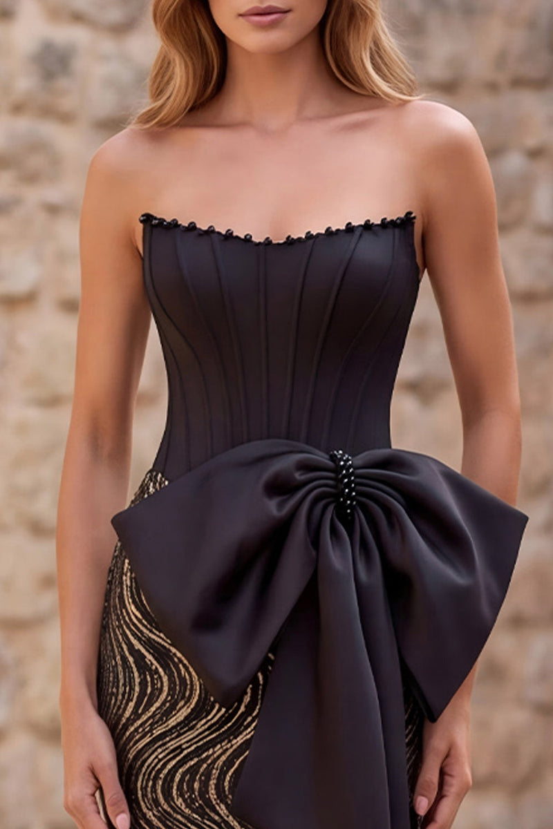 Laden Sie das Bild in den Galerie-Viewer, Schwarzes Trägerloses Meerjungfrauen Korsett Pailletten Langes Abschlussballkleid mit übergroßer Satinschleife