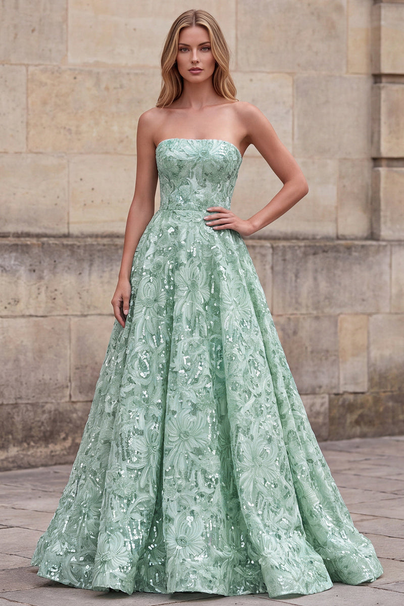 Laden Sie das Bild in den Galerie-Viewer, Hellgrünes A-Linie-Trägerloses Pailletten-Blumen-Langball-Kleid