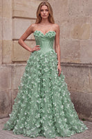 Laden Sie das Bild in den Galerie-Viewer, Grünes Korsett-A-Linie trägerloses Satin-Maxi-Abschlussballkleid mit 3D-Blumenapplikationen