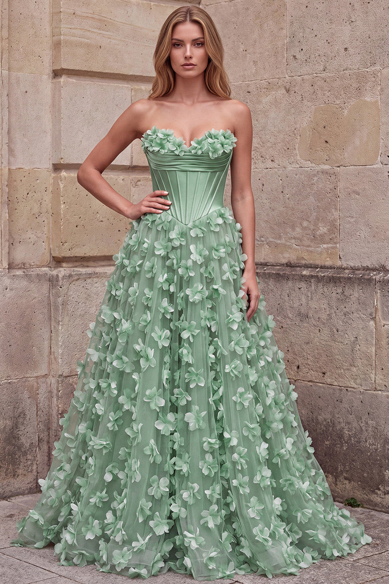 Laden Sie das Bild in den Galerie-Viewer, Grünes Korsett-A-Linie trägerloses Satin-Maxi-Abschlussballkleid mit 3D-Blumenapplikationen
