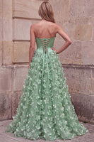Laden Sie das Bild in den Galerie-Viewer, Grünes Korsett-A-Linie trägerloses Satin-Maxi-Abschlussballkleid mit 3D-Blumenapplikationen