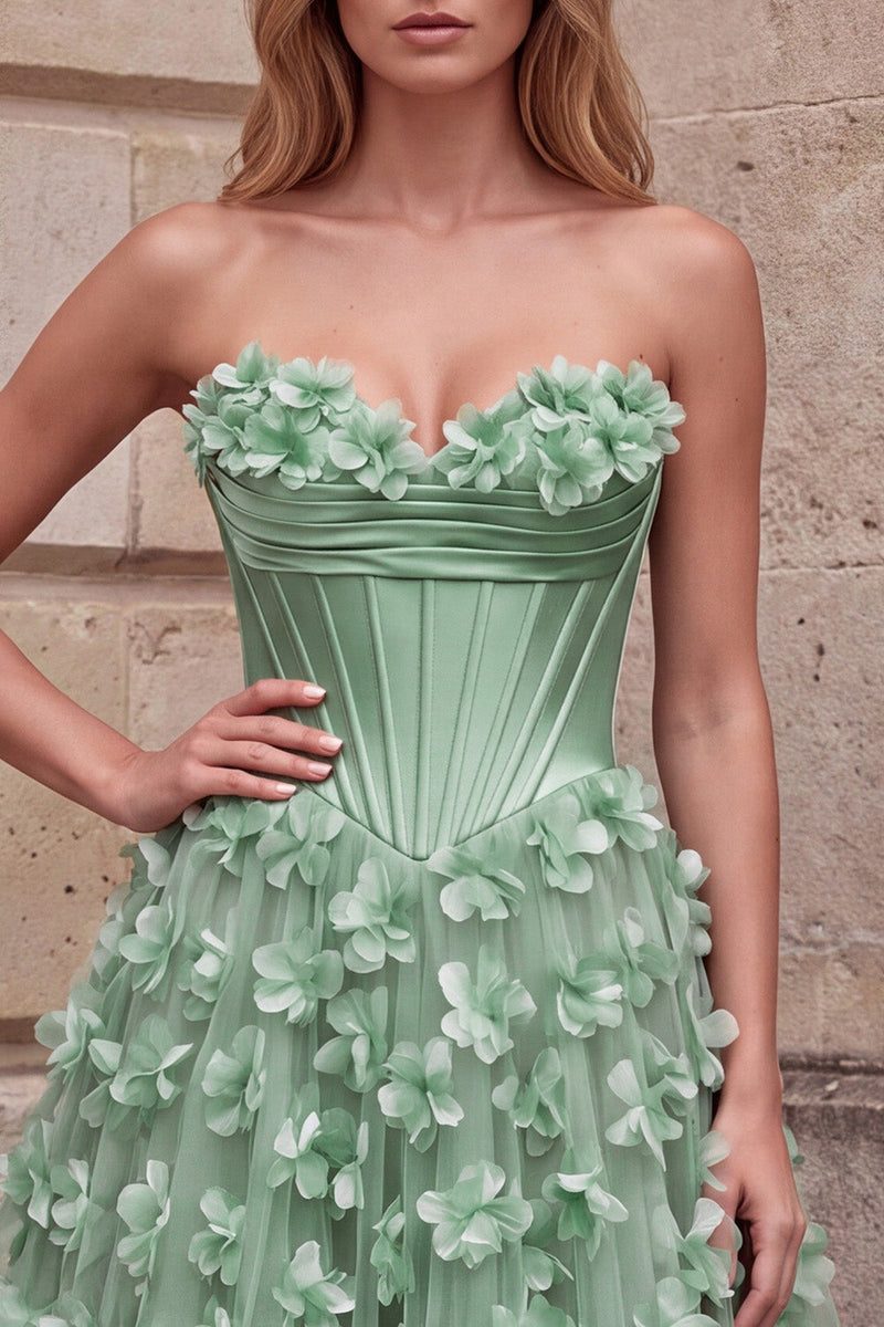 Laden Sie das Bild in den Galerie-Viewer, Grünes Korsett-A-Linie trägerloses Satin-Maxi-Abschlussballkleid mit 3D-Blumenapplikationen