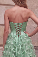 Laden Sie das Bild in den Galerie-Viewer, Grünes Korsett-A-Linie trägerloses Satin-Maxi-Abschlussballkleid mit 3D-Blumenapplikationen