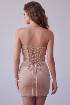 Champagner Samt Pailletten Applikationen Trägerloses Bodycon Kurzes Cocktailkleid