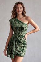 Laden Sie das Bild in den Galerie-Viewer, Eukalyptus, ein Schulter samtig, gerafftes Bodycon Kurzes Cocktailkleid mit Drapierung