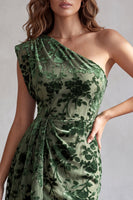 Laden Sie das Bild in den Galerie-Viewer, Eukalyptus, ein Schulter samtig, gerafftes Bodycon Kurzes Cocktailkleid mit Drapierung
