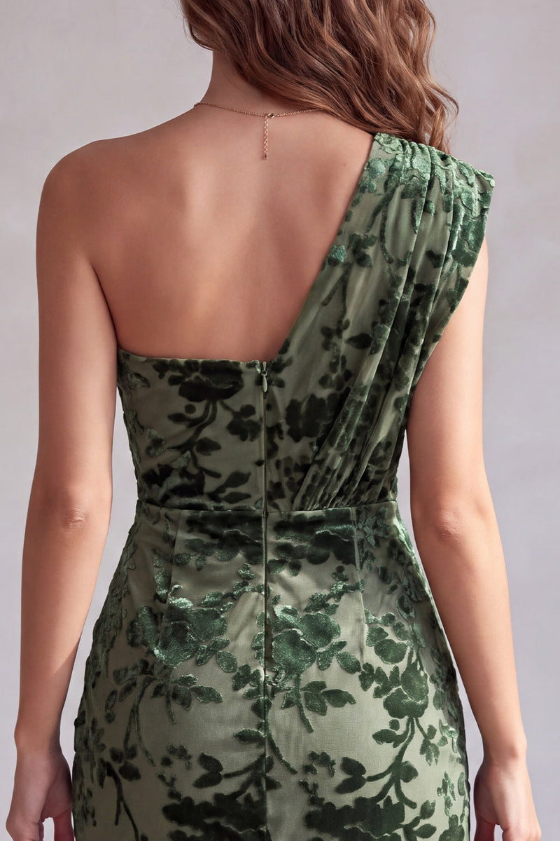 Laden Sie das Bild in den Galerie-Viewer, Eukalyptus, ein Schulter samtig, gerafftes Bodycon Kurzes Cocktailkleid mit Drapierung