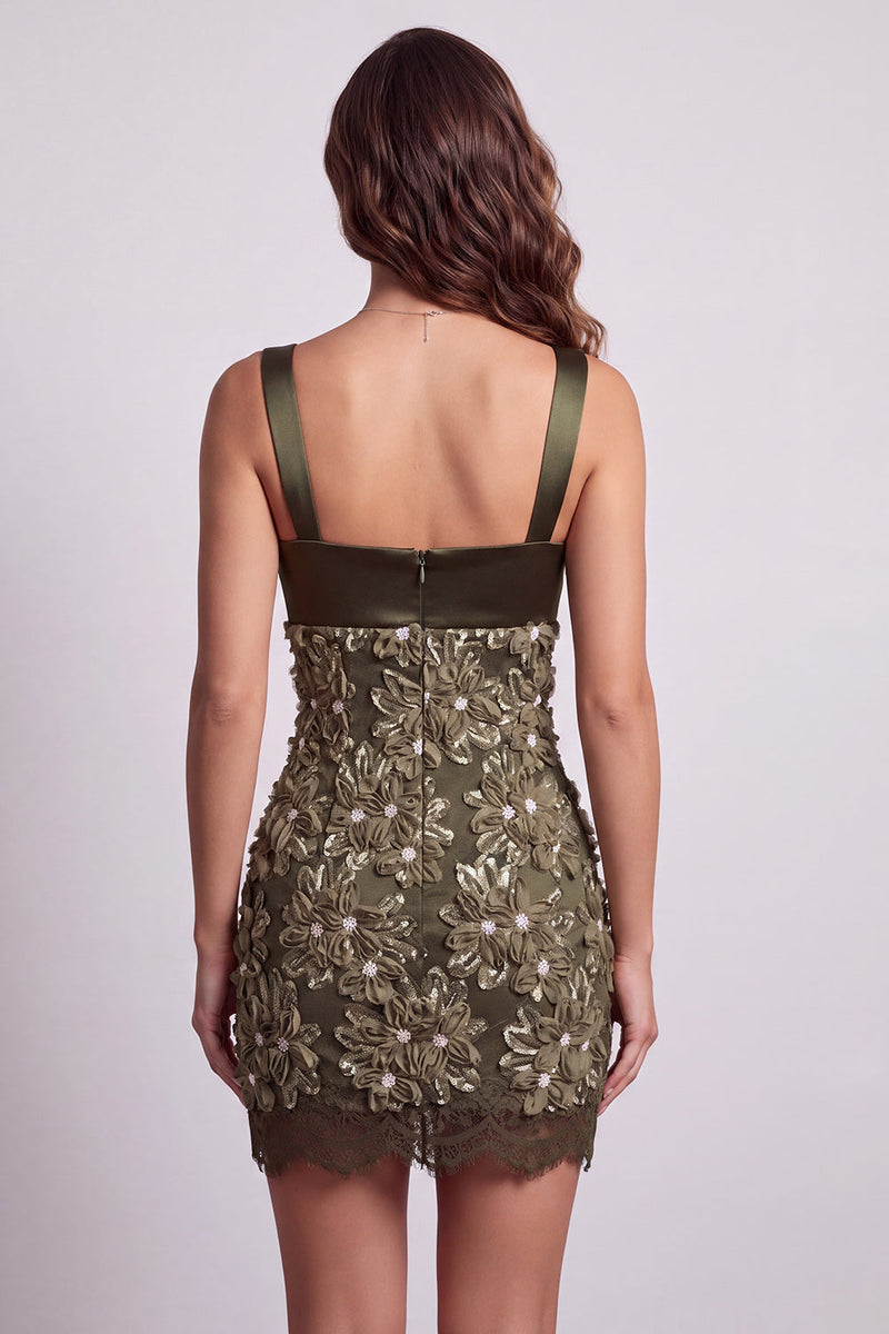 Laden Sie das Bild in den Galerie-Viewer, Olive Square Neck Satin-Appliquen, Pailletten, Spitzen-Bodycon, kurzes Cocktailkleid