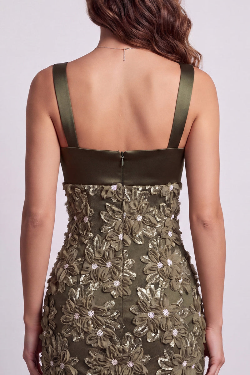 Laden Sie das Bild in den Galerie-Viewer, Olive Square Neck Satin-Appliquen, Pailletten, Spitzen-Bodycon, kurzes Cocktailkleid