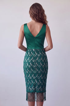 Dunkelgrünes Satin V-Ausschnitt Bodycon Spitzen Midi Cocktailkleid mit Fransen