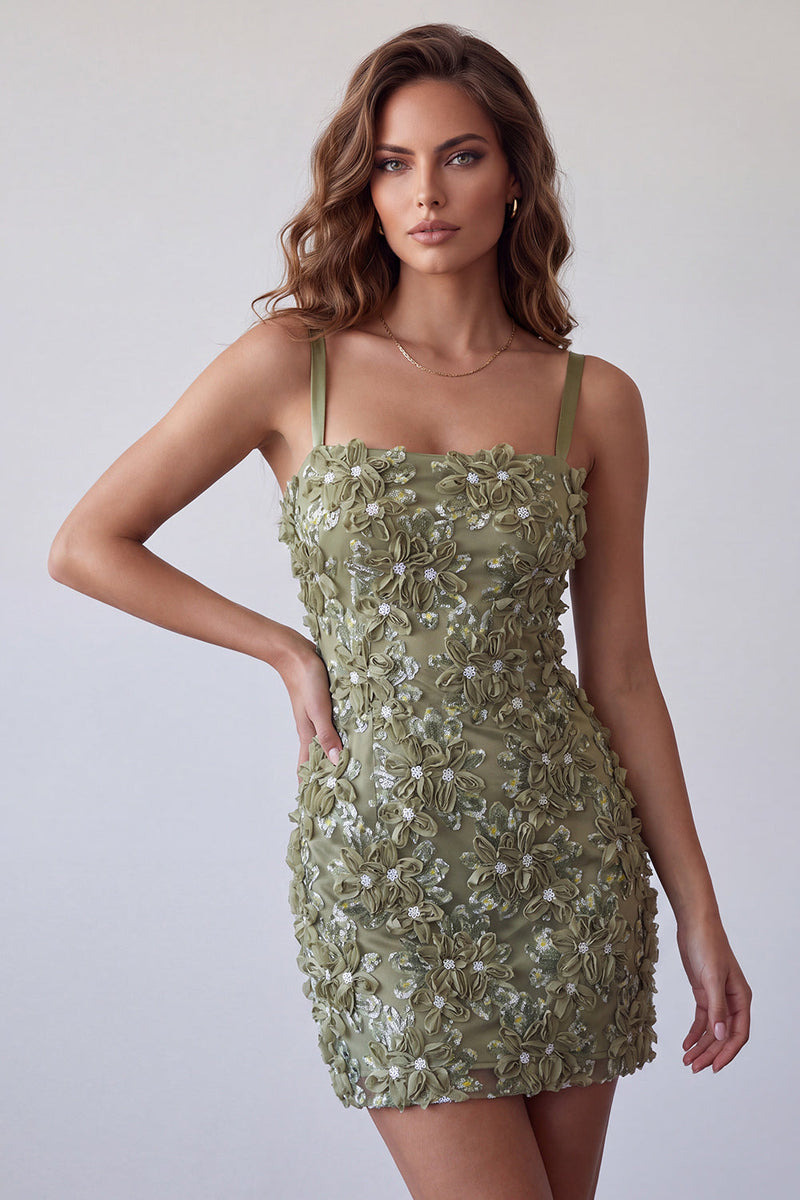 Laden Sie das Bild in den Galerie-Viewer, Olivfarbene Pailletten, Blumenapplikationen, Spaghettiträger, Bodycon Kurzes Cocktailkleid
