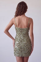 Laden Sie das Bild in den Galerie-Viewer, Olivfarbene Pailletten, Blumenapplikationen, Spaghettiträger, Bodycon Kurzes Cocktailkleid
