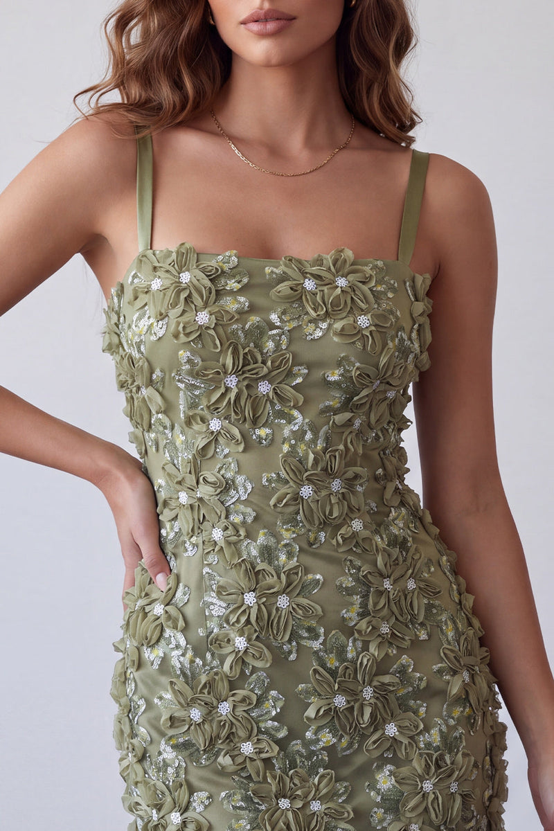 Laden Sie das Bild in den Galerie-Viewer, Olivfarbene Pailletten, Blumenapplikationen, Spaghettiträger, Bodycon Kurzes Cocktailkleid