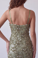 Laden Sie das Bild in den Galerie-Viewer, Olivfarbene Pailletten, Blumenapplikationen, Spaghettiträger, Bodycon Kurzes Cocktailkleid