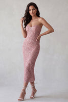 Laden Sie das Bild in den Galerie-Viewer, Pink Sequins Bodycon trägerloses langes Cocktailkleid mit Rückenschlitz