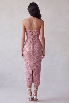 Rosa Pailletten Bodycon Trägerloses Langes Cocktailkleid mit Rückenschlitz