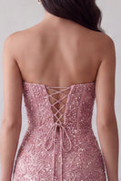 Laden Sie das Bild in den Galerie-Viewer, Pink Sequins Bodycon trägerloses langes Cocktailkleid mit Rückenschlitz