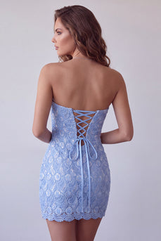 Himmelblaues Pailletten Spitzen Trägerloses Kurzes Bodycon Cocktailkleid mit Schnürung hinten