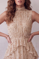 Laden Sie das Bild in den Galerie-Viewer, Champagner-High-Neck-Hals, gestuftes, rüschendes ärmelloses Midi-Cocktailkleid mit Pailletten