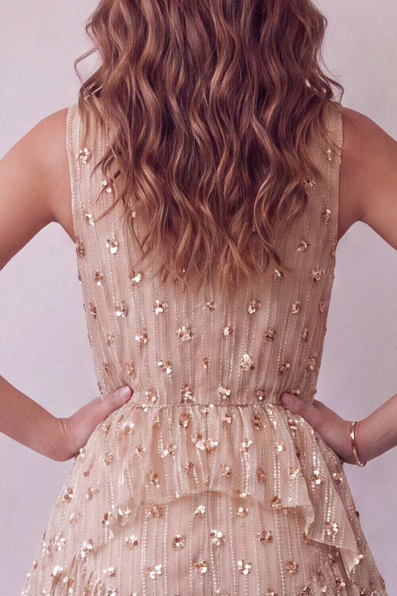 Laden Sie das Bild in den Galerie-Viewer, Champagner-High-Neck-Hals, gestuftes, rüschendes ärmelloses Midi-Cocktailkleid mit Pailletten
