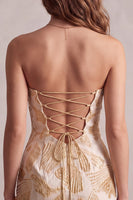 Laden Sie das Bild in den Galerie-Viewer, Champagner Jacquard Bodycon Trägerloses kurzes Cocktailkleid
