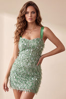 Laden Sie das Bild in den Galerie-Viewer, Green Bodycon Kurzes Cocktailkleid mit quadratem Quadrathals und Pailletten