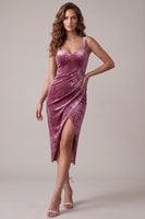 Laden Sie das Bild in den Galerie-Viewer, Fuchsia Bodycon Sweetheart Samtgerafftes Midi-Cocktailkleid mit Schlitz