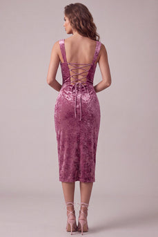 Fuchsia Bodycon Sweetheart Samt Gerafftes Midi Cocktailkleid mit Schlitz