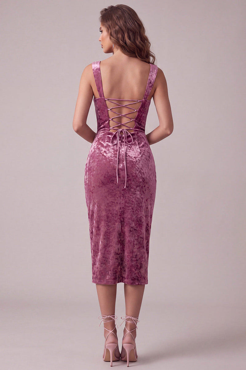 Laden Sie das Bild in den Galerie-Viewer, Fuchsia Bodycon Sweetheart Samtgerafftes Midi-Cocktailkleid mit Schlitz