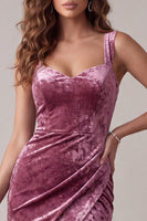 Laden Sie das Bild in den Galerie-Viewer, Fuchsia Bodycon Sweetheart Samtgerafftes Midi-Cocktailkleid mit Schlitz