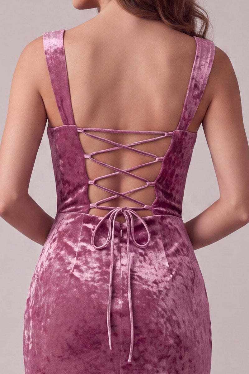Laden Sie das Bild in den Galerie-Viewer, Fuchsia Bodycon Sweetheart Samtgerafftes Midi-Cocktailkleid mit Schlitz
