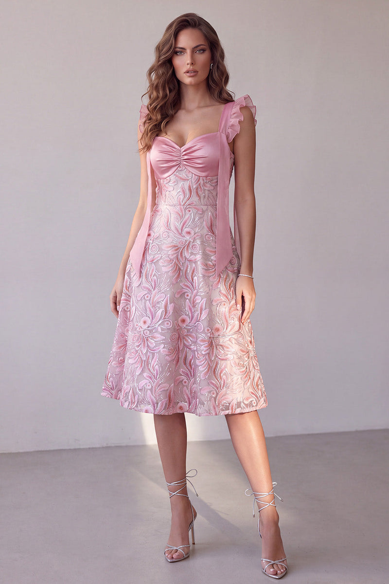 Laden Sie das Bild in den Galerie-Viewer, Rosa A-Linie Sweetheart gerafftes Satin-Midi-Hochzeitskleid mit Pailletten
