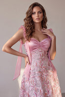 Laden Sie das Bild in den Galerie-Viewer, Rosa A-Linie Sweetheart gerafftes Satin-Midi-Hochzeitskleid mit Pailletten