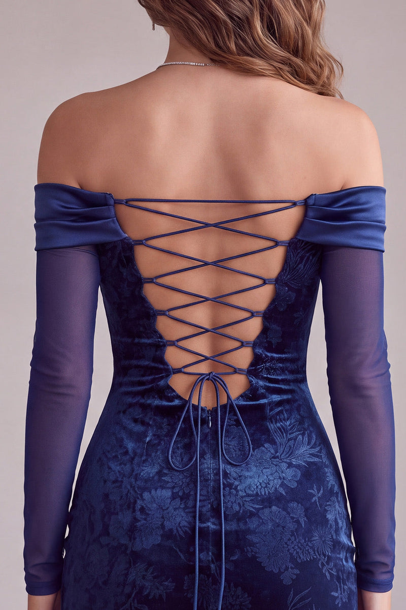 Laden Sie das Bild in den Galerie-Viewer, Marineblauer Bodycon mit schulterlosem Satinmuster und kurzem Cocktailkleid
