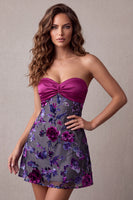 Laden Sie das Bild in den Galerie-Viewer, Fuchsia A-Linie satinloses, blumiges kurzes Cocktailkleid