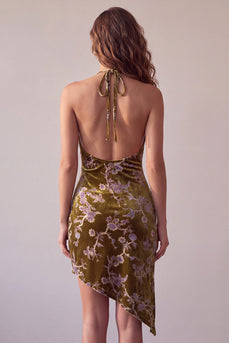 Senfgoldenes Samt Neckholder Asymmetrisches Hohes niedriges Neckholder Bedrucktes Kurzes Cocktailkleid