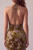 Laden Sie das Bild in den Galerie-Viewer, Senfgoldenes Samt-Neckholder, asymmetrisches hohes, niedriges Neckholder-bedrucktes kurzes Cocktailkleid