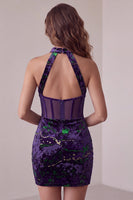 Laden Sie das Bild in den Galerie-Viewer, Dunkelviolettes Korsett, hochausgeschnitten, transparenter Bodycon, Samt-Kurzes Cocktailkleid
