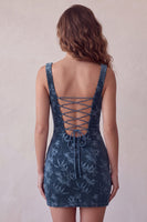 Laden Sie das Bild in den Galerie-Viewer, Marineblau bedrucktes Bodycon Kurzes Cocktailkleid mit quadratem Hals