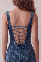 Laden Sie das Bild in den Galerie-Viewer, Marineblau bedrucktes Bodycon Kurzes Cocktailkleid mit quadratem Hals