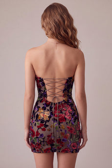 Bordeauxrotes Bodycon Samt Trägerloses Bedrucktes Kurzes Cocktailkleid