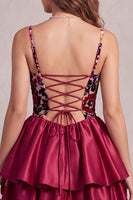 Laden Sie das Bild in den Galerie-Viewer, Rotes Korsett-Samt-Bubble-Saum mit Rüschen A-Linie kurzes Cocktailkleid mit 3D-Blume