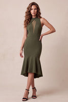Laden Sie das Bild in den Galerie-Viewer, Olivfarbenes Meerjungfrauen-High-Hals-High-Low-Tüll-Midi-Festkleid