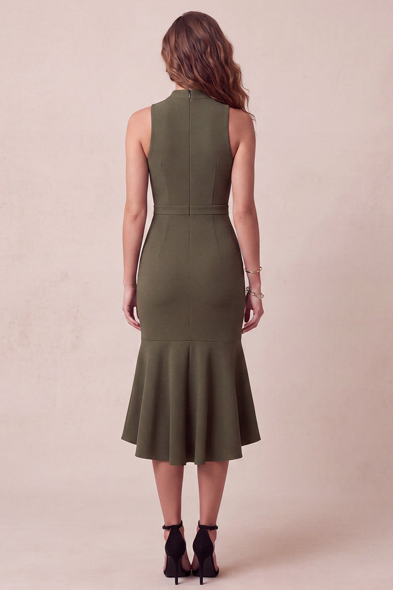 Laden Sie das Bild in den Galerie-Viewer, Olivfarbenes Meerjungfrauen-High-Hals-High-Low-Tüll-Midi-Festkleid